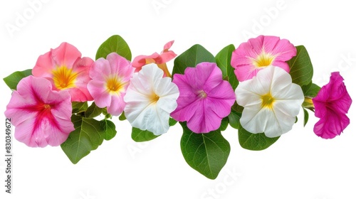 Rose periwinkle flowers bush, shrub White morning glory. Rose Four o'clock Flower. Colorful flowers, primula vulgaris are blooming. Isolated on white background. photo