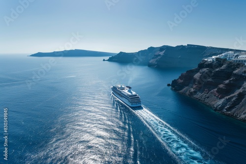 A cruise ship sailing in the blue waters of Santorini, Greece, with cliffs and white buildings on both sides, a clear sky, taken from a high angle view