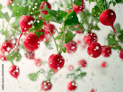 photography of RADISHES falling from the sky  hyperpop colour scheme. glossy  white background Radish with slices isolated on white background.