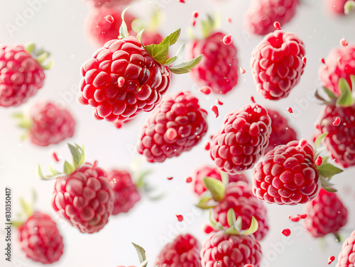 Wallpaper Mural photography of RASPBERRIES falling from the sky, hyperpop colour scheme. glossy, white background Set of juicy raspberries with leaf isolated on white background. Torontodigital.ca