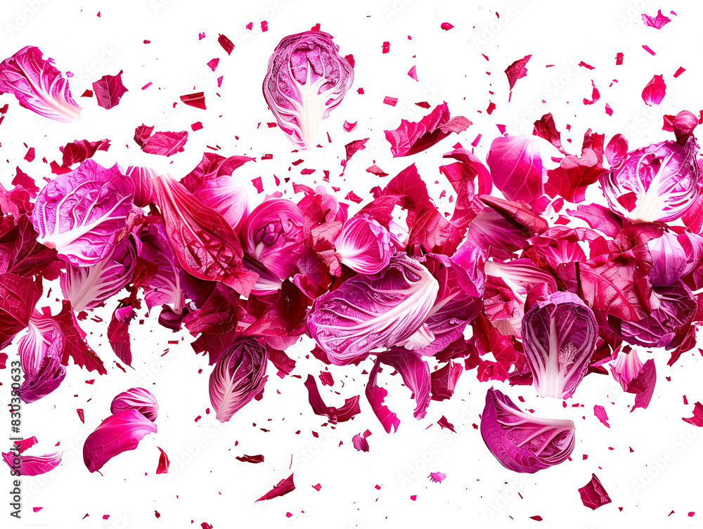 An isolated photo of sliced red cabbage from top. photography of RED CABBAGE falling from the sky, hyperpop colour scheme. glossy, white background An isolated photo of sliced red cabbage from top. photography of RED CABBAGE falling from the sky, hyperpop colour scheme. glossy, white background