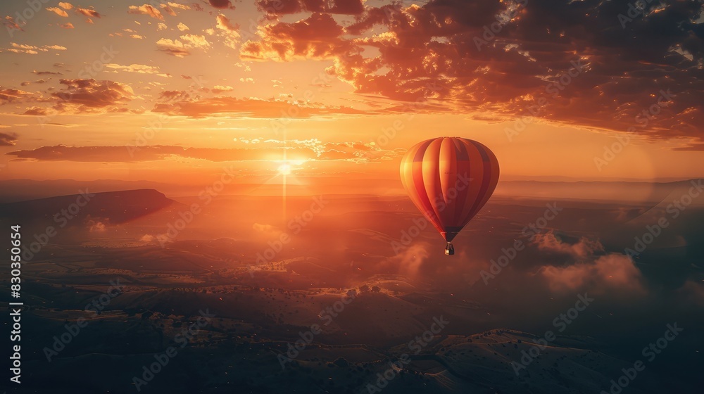 Obraz premium A hot air balloon rising at dawn, illustrating the joy and freedom of exploration