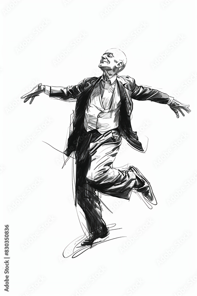 Fototapeta premium Cartoon art sketch, bald thin man dancing in a theatrical pose illustration, drawing, caricature, gesture, motion, happy