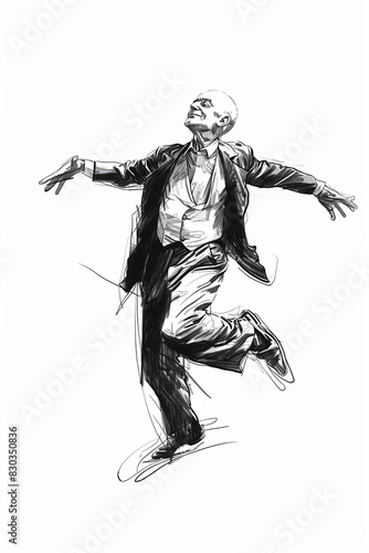 Cartoon art sketch, bald thin man dancing in a theatrical pose illustration, drawing,  caricature, gesture, motion, happy © Ray