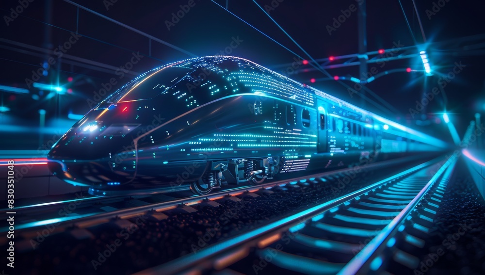 A high-speed train with glowing lines and dots, conveying the idea of digitalization in transportation technology. A high-speed train with glowing lines and dots, conveying the idea of digitalization in transportation technology.