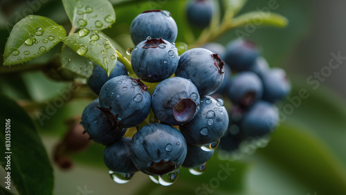 fresh blueberries fruit in a tree, water drops, macro photography