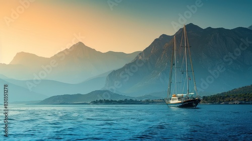 Sailboat in the sea in the evening sunlight over beautiful big mountains background, luxury summer adventure, active vacation in Mediterranean sea