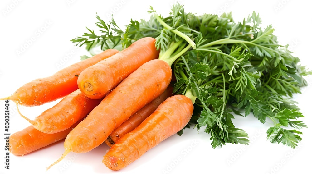 Fresh carrots with green leaves isolated on white background. Vibrant and crisp vegetables. Ideal for healthy cooking and salads. Perfect image for food blogs and recipe sites. AI Fresh carrots with green leaves isolated on white background. Vibrant and crisp vegetables. Ideal for healthy cooking and salads. Perfect image for food blogs and recipe sites. AI