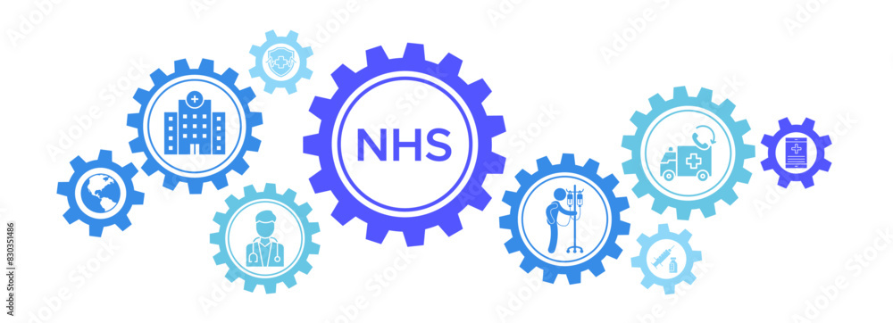 NHS banner web icon vector illustration representing the national health service with icons of a globe, hospital, health insurance, ambulance, patient, and medical apps