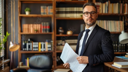 A portrait of a lawyer in an office, wearing a suit and holding legal documents 