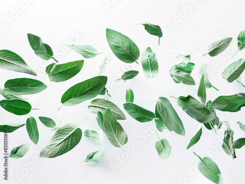 photography of SAGE falling from the sky  hyperpop colour scheme. glossy  white backgroundFalling sage leaves isolated on white background  full depth of field