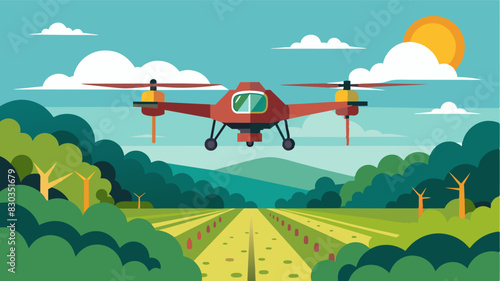 An eVTOL carrying a specialized drone hovers over a vineyard scanning for signs of pest infestations or disease.. Vector illustration
