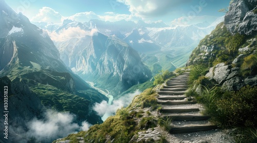 A mountain trail leading to a panoramic view, representing the achievement and perspective of freedom photo