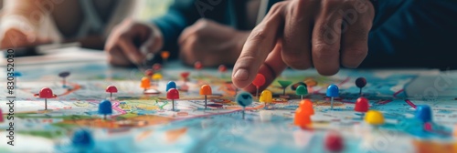 A person is pointing at pins on an interactive map while planning and peeking into the future of travel, providing market research for top advertising ideas.