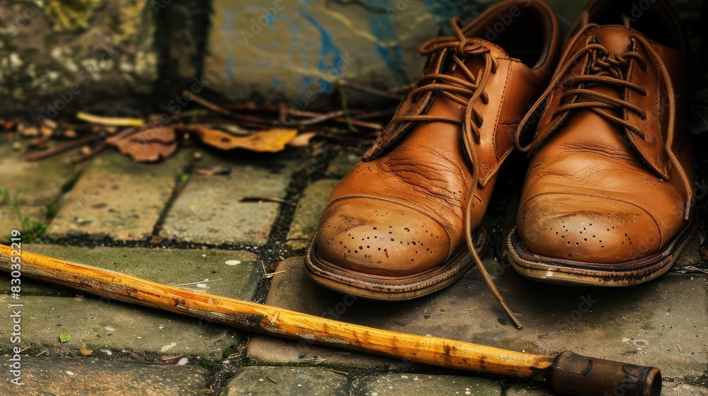 A pair of shoes next to a walking stick, illustrating help with mobility A pair of shoes next to a walking stick, illustrating help with mobility