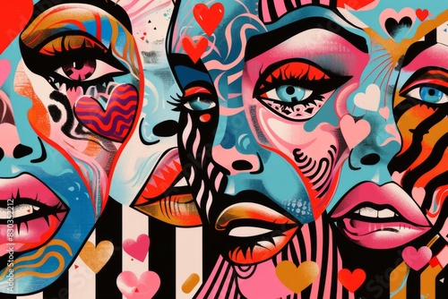 Graffiti art of three faces with hearts and stripes  love illustration 