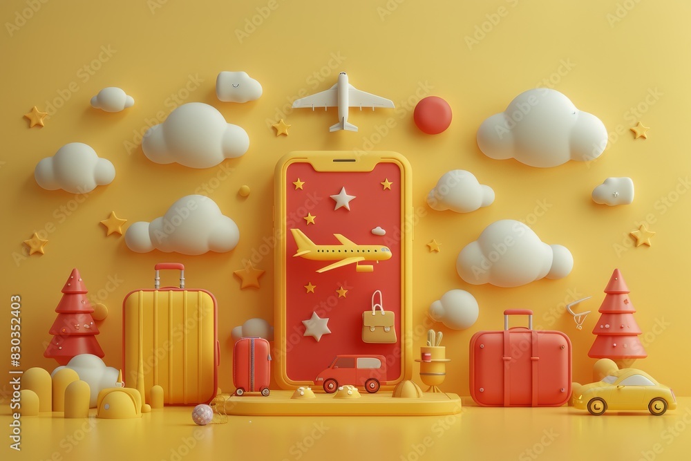 A smartphone with travel elements around it, such as an airplane and luggage on the screen, rendered in a cartoon style with a 3D isometric view and soft lighting. A smartphone with travel elements around it, such as an airplane and luggage on the screen, rendered in a cartoon style with a 3D isometric view and soft lighting.