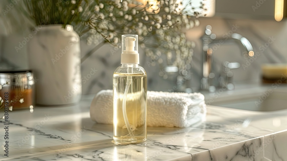 Close-up of a clear bottle of liquid soap on a marble countertop in a modern bathroom setting Close-up of a clear bottle of liquid soap on a marble countertop in a modern bathroom setting