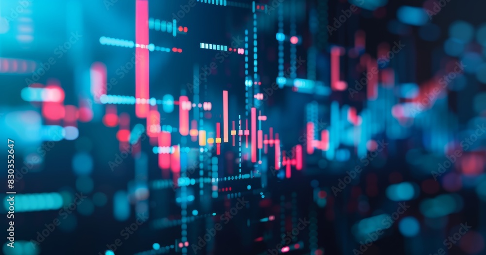 A stock market graph with candlestick chart and financial data, dark blue background. A stock market graph with candlestick chart and financial data, dark blue background.
