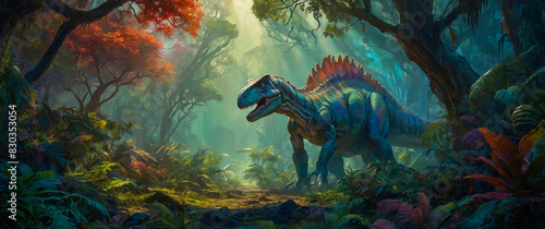 A majestic dinosaur roams through a lush green forest, towering over the trees, as its prehistoric world comes alive with vibrant colors and intricate details