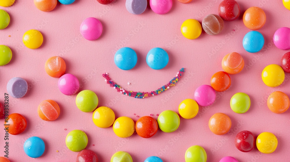 Colorful candies arranged in the shape of a cheerful smile, radiating happiness and sweetness Colorful candies arranged in the shape of a cheerful smile, radiating happiness and sweetness