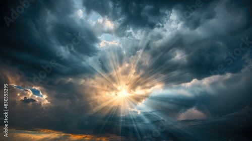 A sunbeam breaking through storm clouds, representing hope and renewal in freedom photo