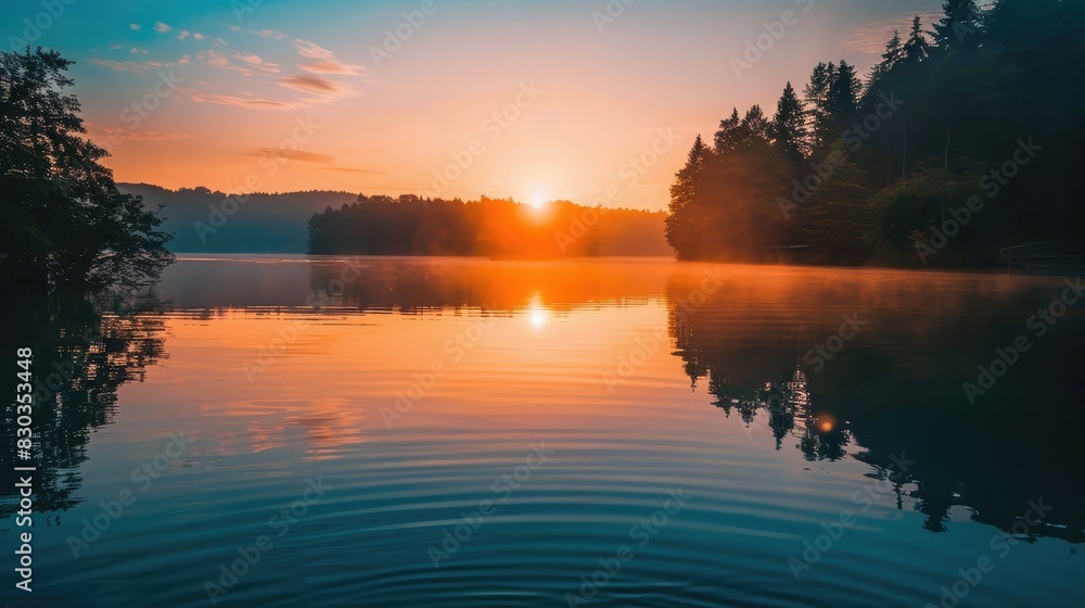 A sunrise over a quiet lake, symbolizing the tranquility and reflection found in freedom A sunrise over a quiet lake, symbolizing the tranquility and reflection found in freedom