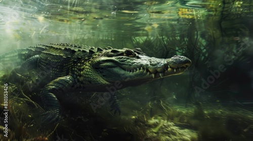 Crocodile gliding stealthily through murky waters  a master of camouflage and patience in the hunt