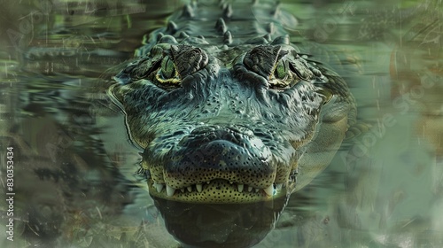 Crocodile lurking beneath the surface of a tranquil pond, its eyes peering out with predatory intensity