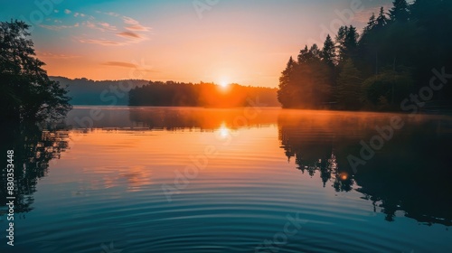 A sunrise over a quiet lake  symbolizing the tranquility and reflection found in freedom