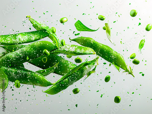 photography of SUGAR SNAP PEAS falling from the sky, hyperpop colour scheme. glossy, white background green snap peas isolated on white