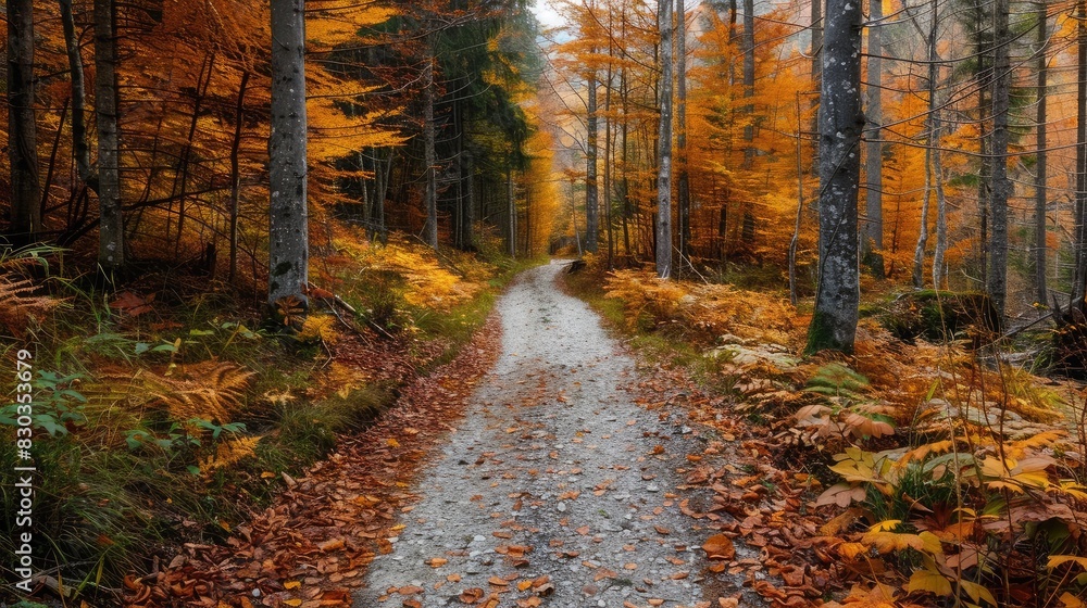 Obraz premium A trail leading through an autumn forest, representing the exploration and discovery in freedom