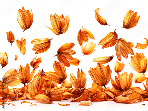 Flying sunflower seeds isolated. falling Raw sunflower seed group, sun flower grains with shell, fresh edible striped oil seeds heap on white background side view photo