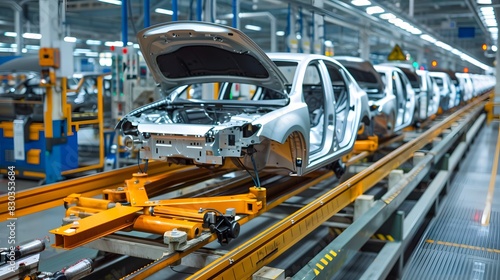 Mass production assembly line of modern cars in a busy factory