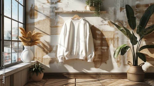 A white sweatshirt on a wooden hanger in a sunny room with plants and rustic background photo