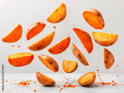 Paper bag with tasty sweet potato fries isolated on white photography of SWEET POTATOES falling from the sky, hyperpop colour scheme. glossy, white background