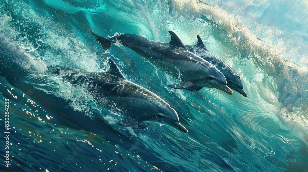 Fototapeta premium Graceful dolphins swimming playfully in the open sea, their sleek bodies cutting through the shimmering waves