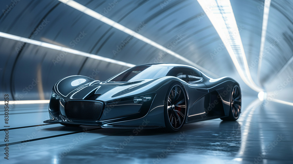 A sleek, high-tech car moves through a futuristic tunnel with vibrant neon lights, embodying the essence of advanced technology and innovation A sleek, high-tech car moves through a futuristic tunnel with vibrant neon lights, embodying the essence of advanced technology and innovation
