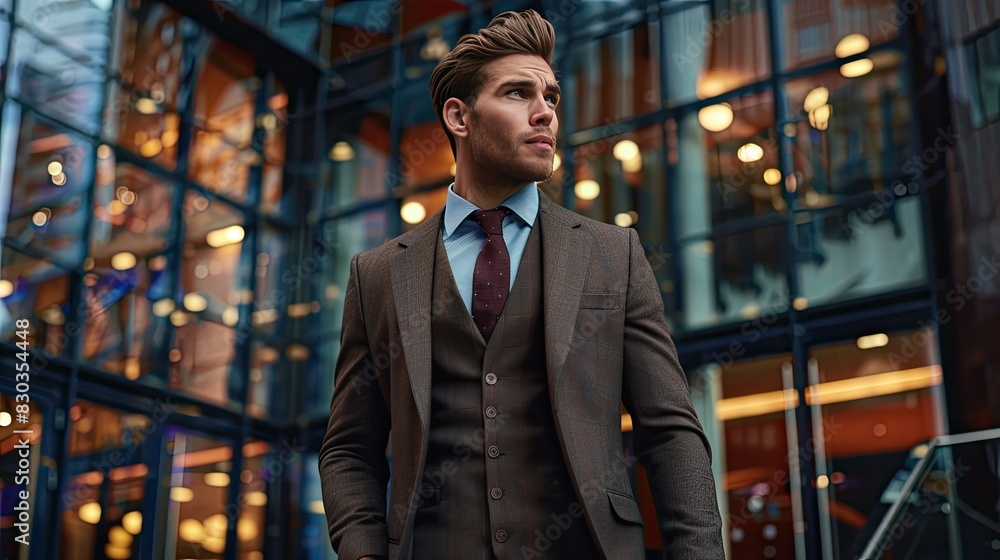 Handsome man in a stylish suit, exuding confidence and sophistication in an urban setting