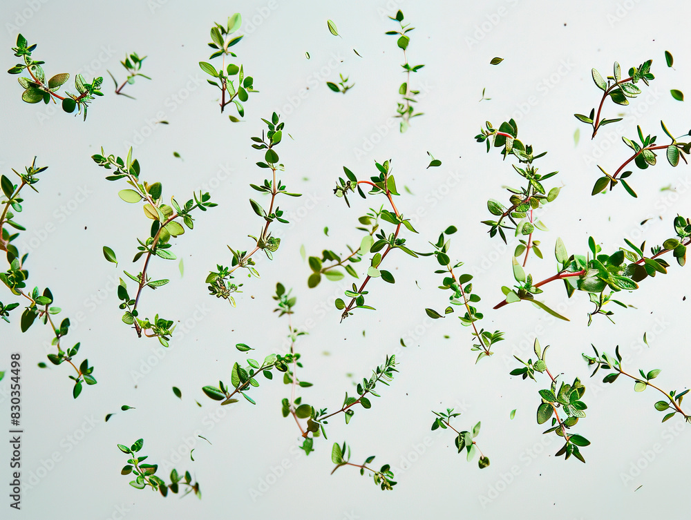 photography of THYME falling from the sky, hyperpop colour scheme. glossy, white background Thyme isolated. Thyme herb on white background. Fresh thyme plant collection is flying. photography of THYME falling from the sky, hyperpop colour scheme. glossy, white background Thyme isolated. Thyme herb on white background. Fresh thyme plant collection is flying.
