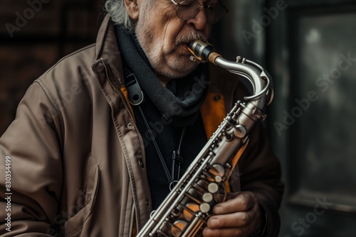 Elderly man playing saxophone in street