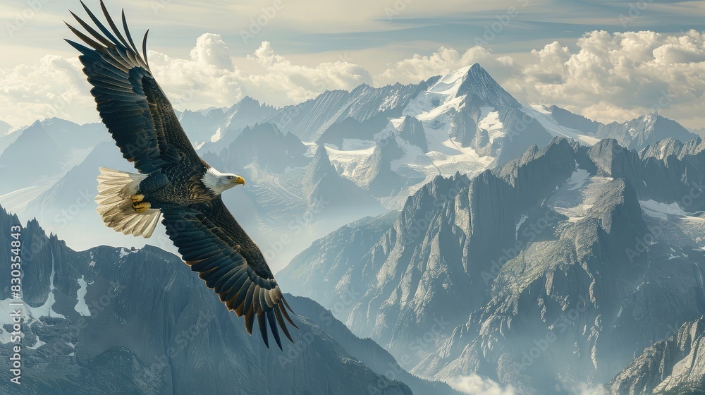 Fototapeta premium An eagle soaring over a mountain range, illustrating the strength and majesty of freedom
