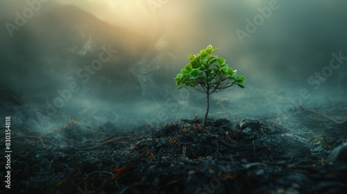 Amidst the devastation, a lone sapling defiantly stood, a symbol of nature's indomitable spirit. photo