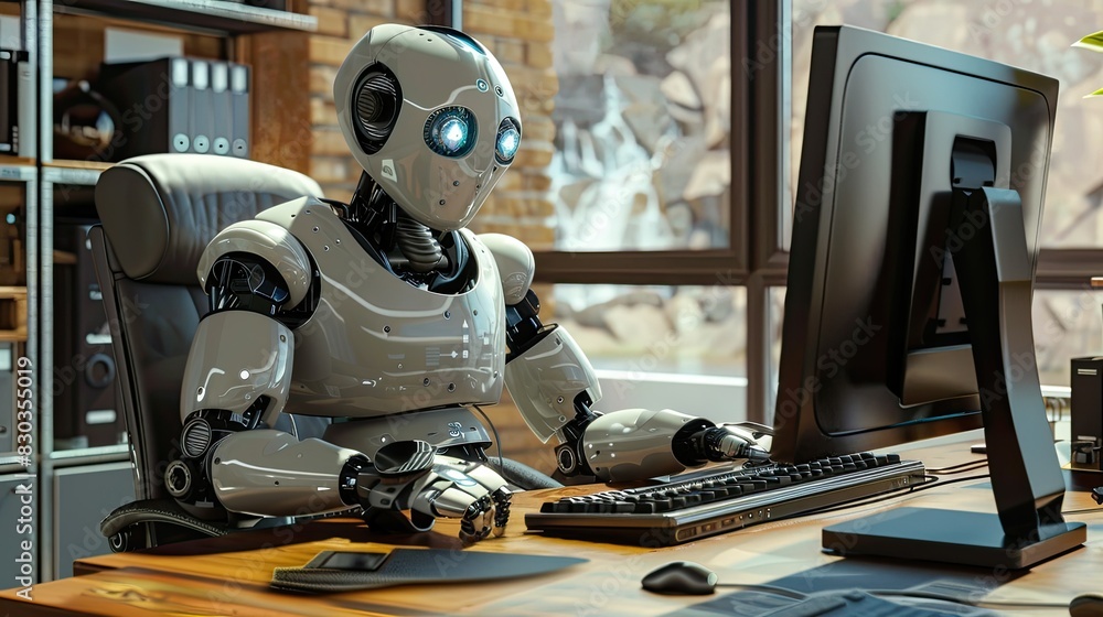 Fototapeta premium Office scene with a humanoid robot efficiently working on a computer, enhancing productivity