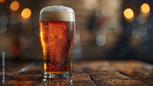 A cold glass of beer with froth on top sits on a rustic wooden table with a warm, bokeh-lit background photo