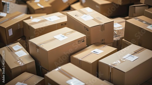 Pile of sealed shipping boxes with address labels, awaiting pickup by the delivery service