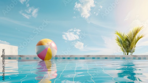 Summer holidays background with colorful beach ball floating on luxury swimming pool and copy space