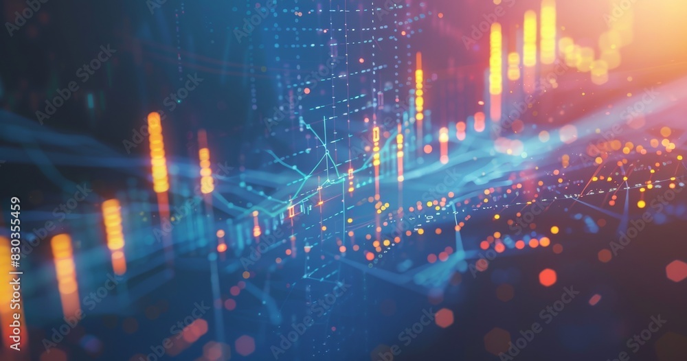 Stock market chart background with candlestick charts and global trading graphs in blue, yellow and white on dark gradient background. Stock market chart background with candlestick charts and global trading graphs in blue, yellow and white on dark gradient background.