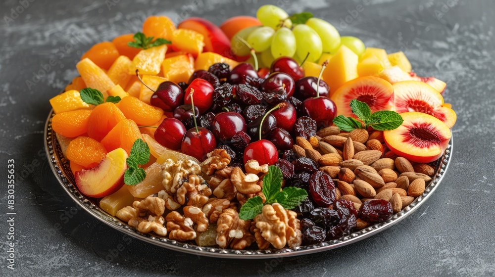 Platter of fresh fruits and nuts featuring cherry peaches and a combination of dried fruits and nuts Platter of fresh fruits and nuts featuring cherry peaches and a combination of dried fruits and nuts