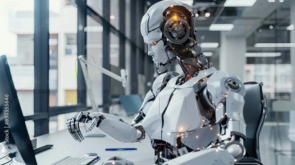 Robot assistant working on a computer, performing tasks with mechanical precision in an office Robot assistant working on a computer, performing tasks with mechanical precision in an office
